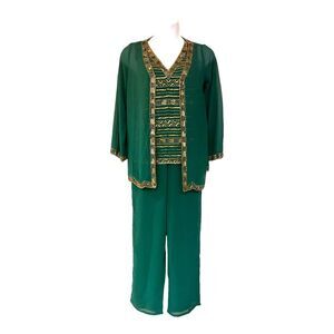 Midnight Velvet Beaded Sequin Emerald Green Formal Cocktail Xmas Party Pant Set
